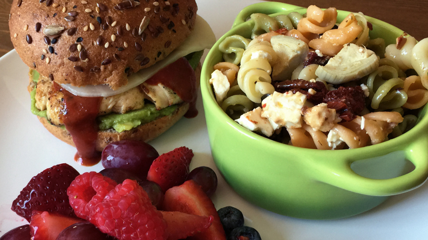 Chicken Sandwich with Pasta Salad and Fresh Fruit