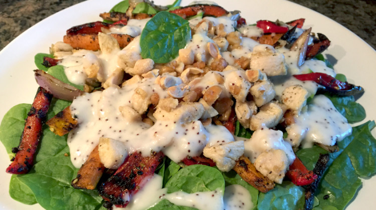 Thai Spinach Salad With Grilled Vegetables And Garlic Poppyseed Dressing