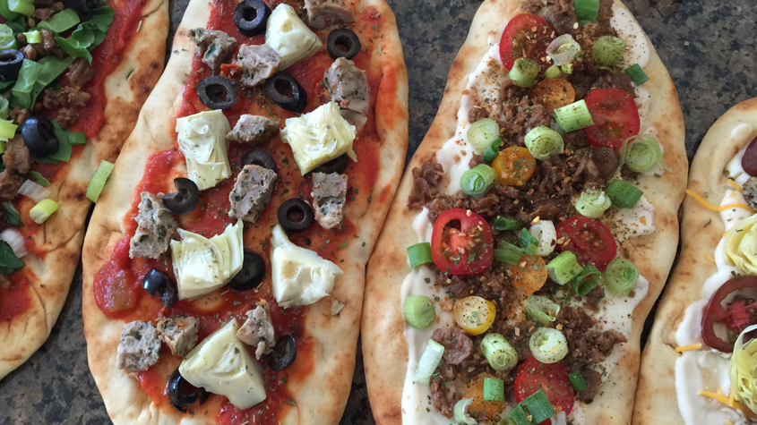 Vegetarian Sausage And Chicken Meatball Naan Bread Pizzas