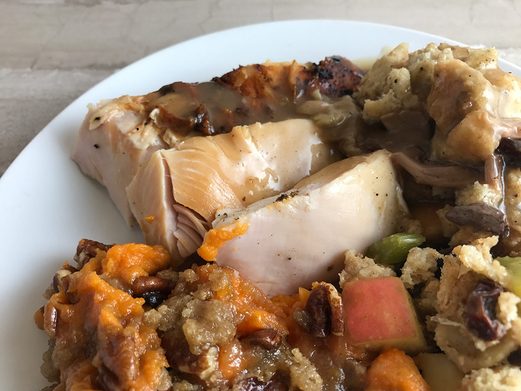 Barbecue Turkey, Sweet Potatoes, Stuffing, and Gravy