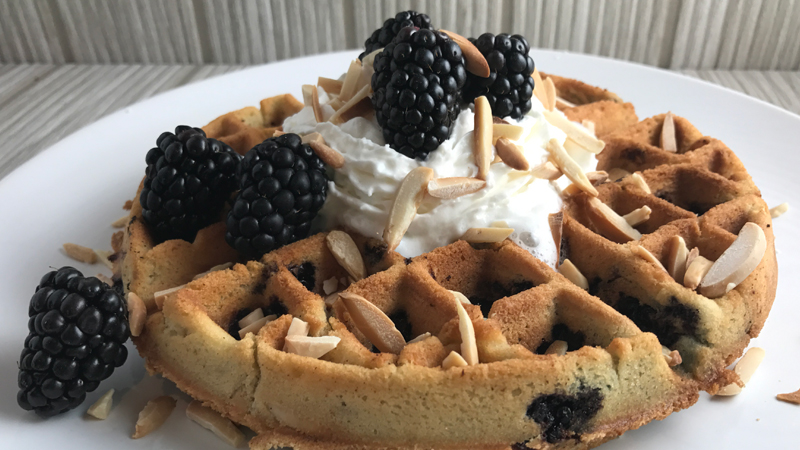 Fluffy Blackberry and Toasted Almond Cake Waffles