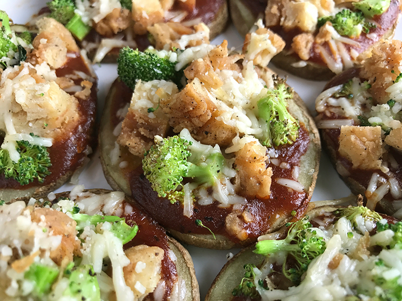 Potato Slices Topped With Barbecue Sauce, Chicken, Broccoli, and Parmesan cheese