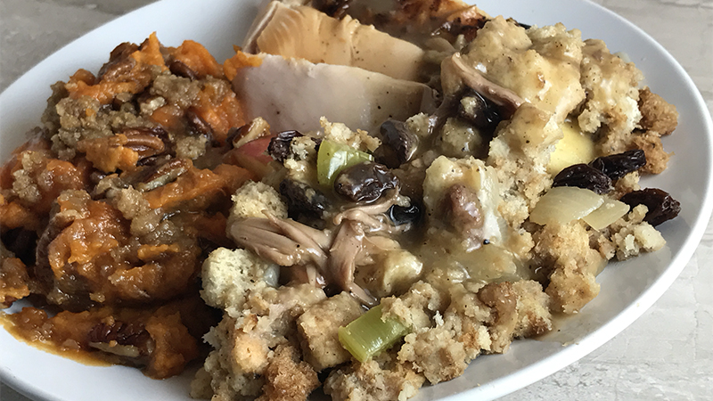 Stuffing and Barbecue Turkey with Gravy and Sweet Potato Casserole