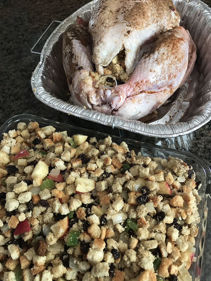 Stuffing Inside The Turkey And In A Baking Dish For Oven Baked Stuffing