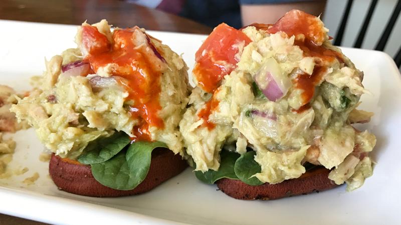Whole30 Avocado Tuna Salad On Roasted Yam Slices Topped With Tapatio