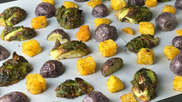 Whole30 Easy Onion And Garlic Oven Roasted Brussel Sprouts, Butternut Squash, and Purple Potatoes
