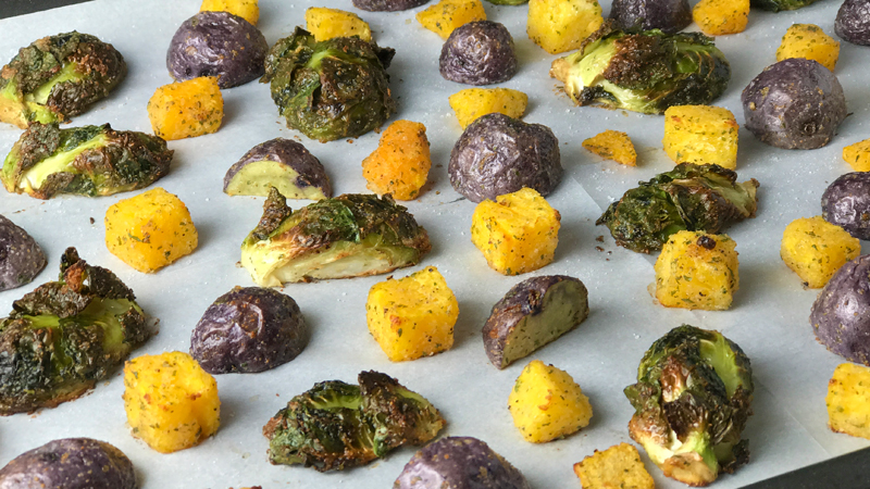 Whole30 Easy Onion And Garlic Oven Roasted Brussel Sprouts, Butternut Squash, and Purple Potatoes