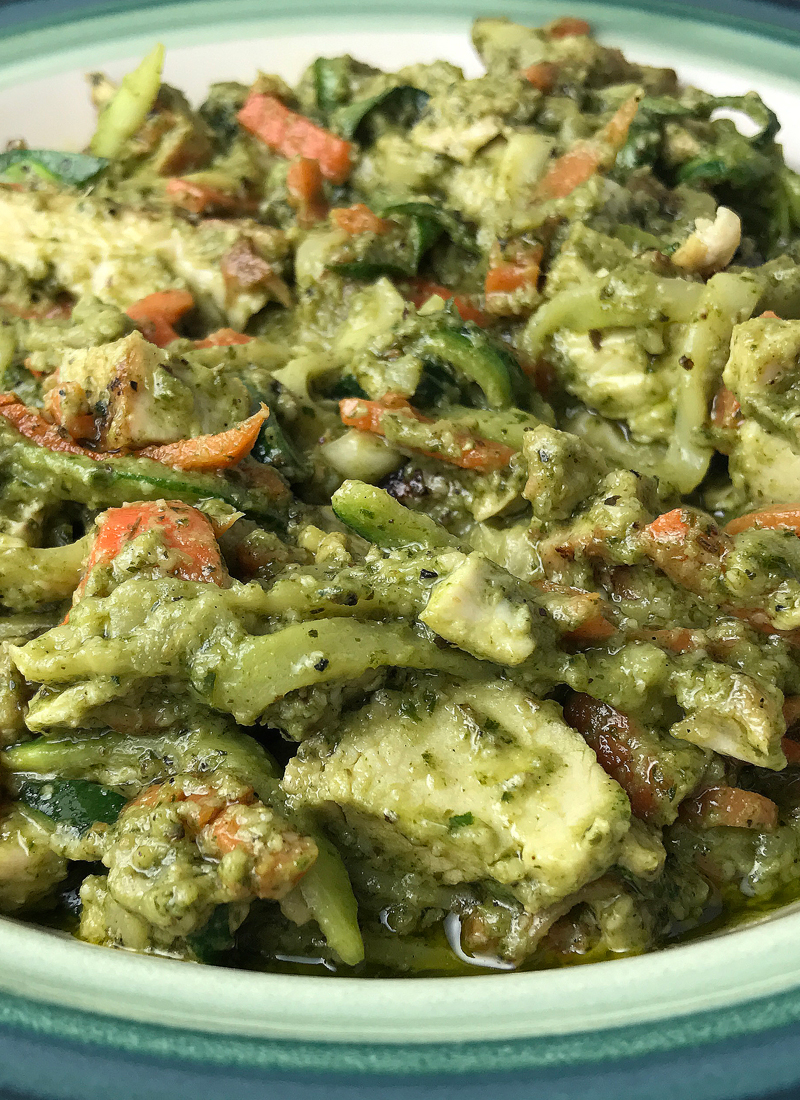 Whole30 Cashew Pesto Chicken Zoodles Made With Zucchini and Carrot Recipe