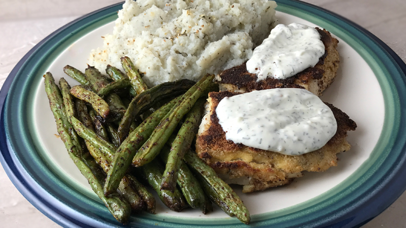 Whole30 Dinner with Almond Crusted Tilapia, Chili Green Beans, and Rosemary Cauliflower Mash