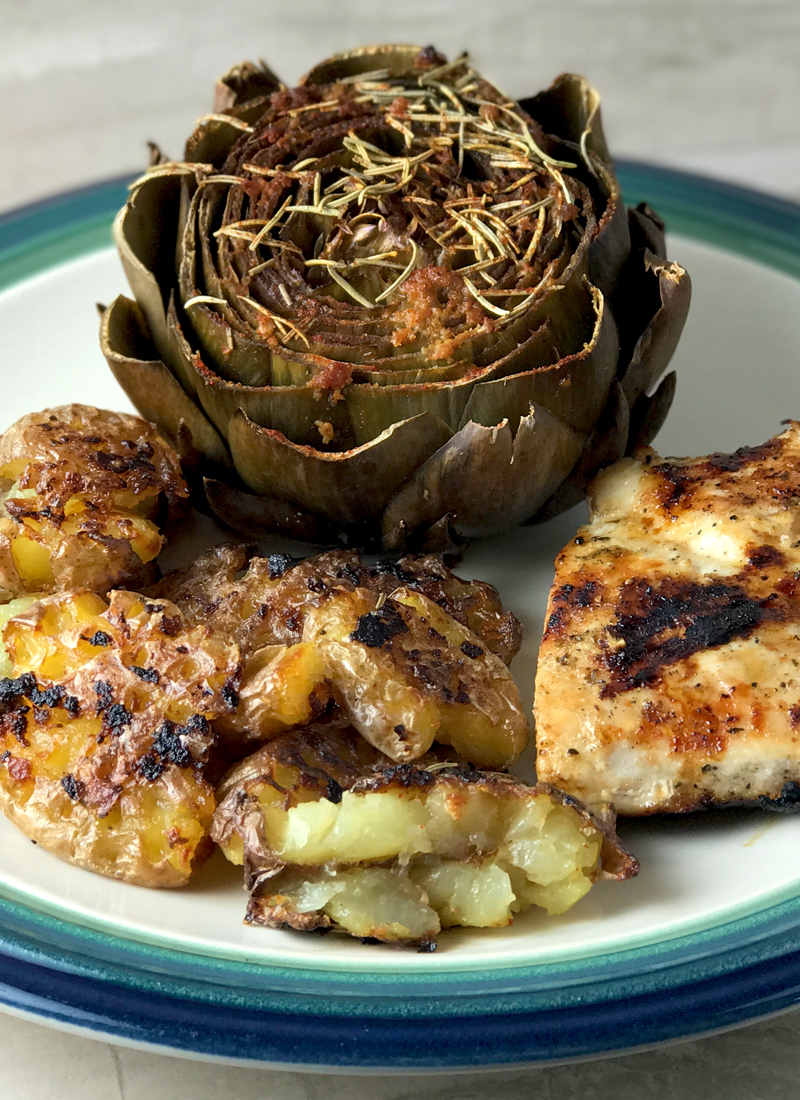 Whole30 Dinner Barbecue Chicken, Baked Artichoke, and Smash Potatoes