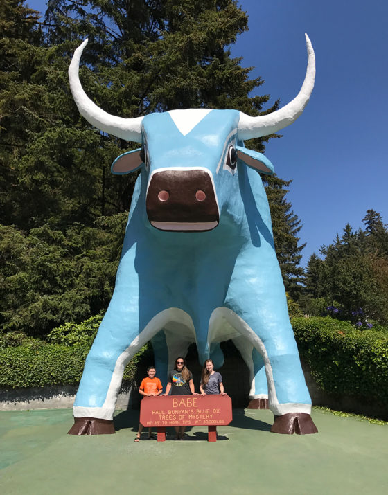 Jennifer, Natalie, and Carter with Babe The Blue Ox at Trees Of Mystery