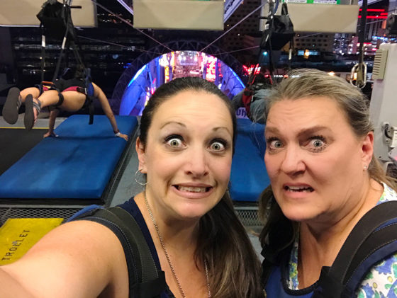 Jennifer Bourn and Jeanne Mabry at the SlotZilla Zipline in Las Vegas