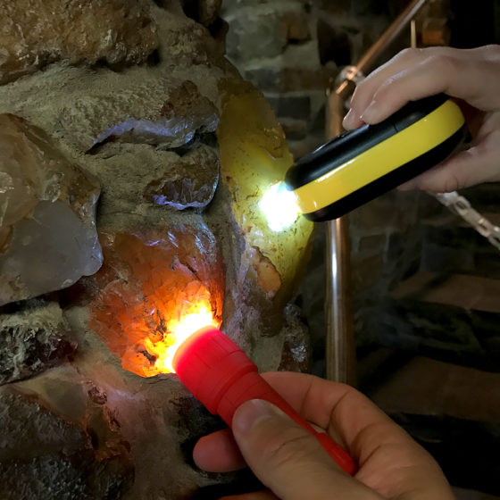 Kids Using Flashlights To Light Up The Agates In The Walls of Living Rock Studios