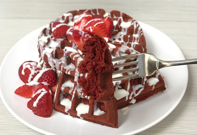 Red Velvet Waffles With a Cream Cheese Frosting Drizzle