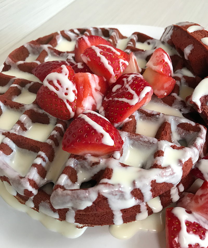 Red Velvet Waffles With Cream Cheese Frosting and Strawberries