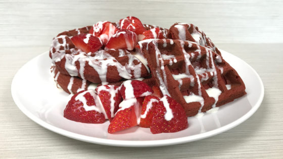 Strawberry Red Velvet Waffles With A Cream Cheese Frosting Drizzle