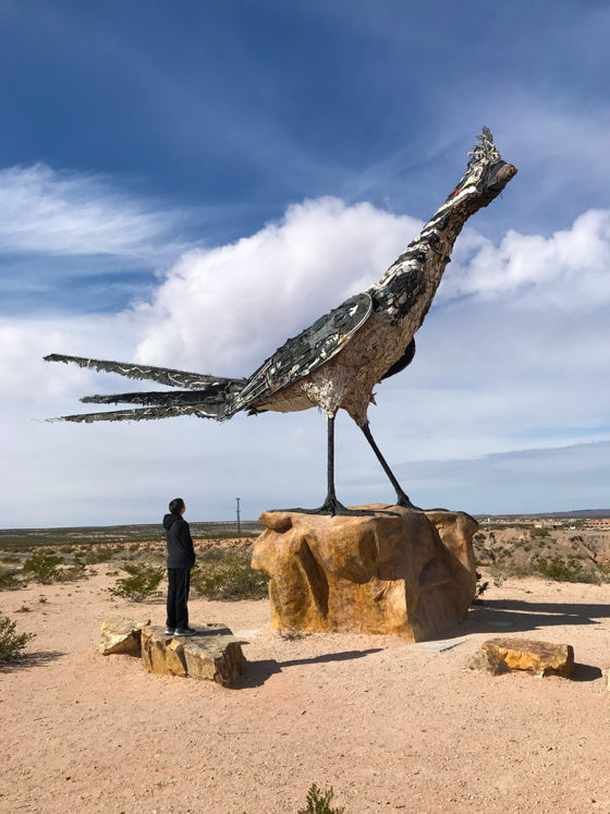 Carter Bourn Looking Up at The Recycled Roadrunner Statue