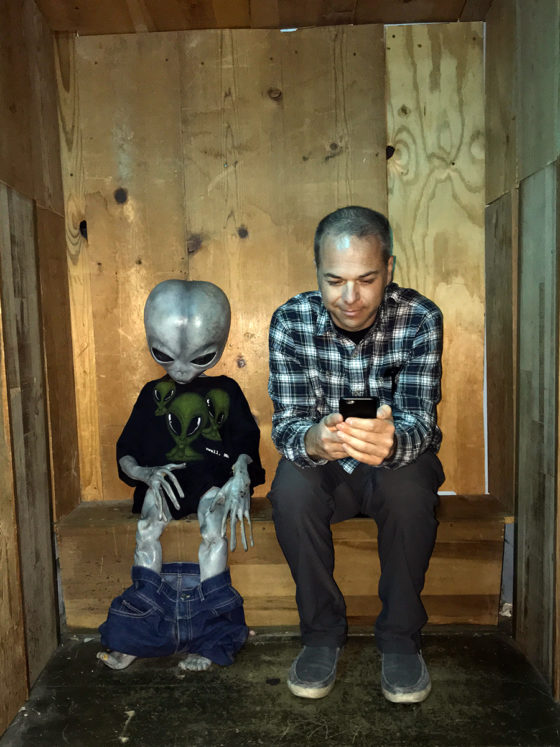 Brian Bourn with an Alien in an Outhouse