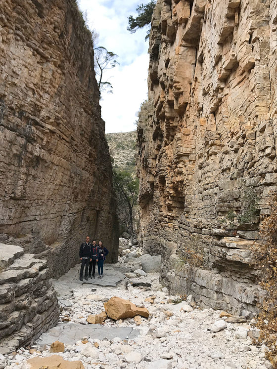 Brian, Natalie, and Carter Bourn in the Devil's Hall in Guadalupe Mountains National Park
