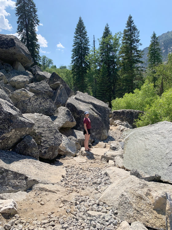 Natalie Bourn on the rocky Zumwalt Meadow Trail