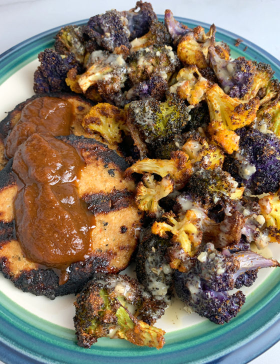 Chipotle Turkey Burgers with Roasted Broccoli and Cauliflower